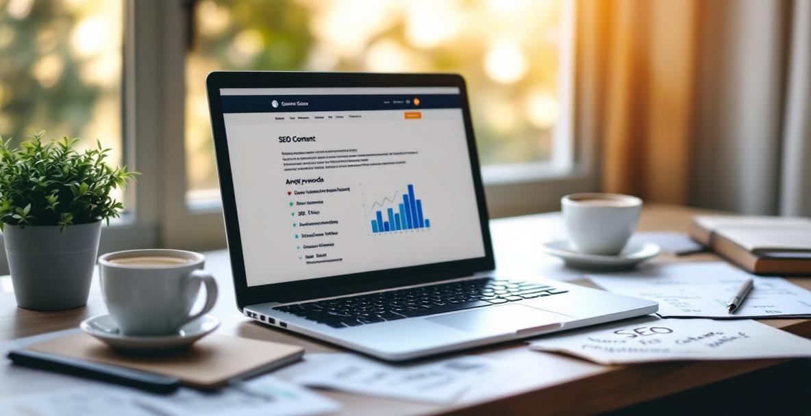 Workspace of a content strategist optimizing digital content with laptop, notes, and analytics.