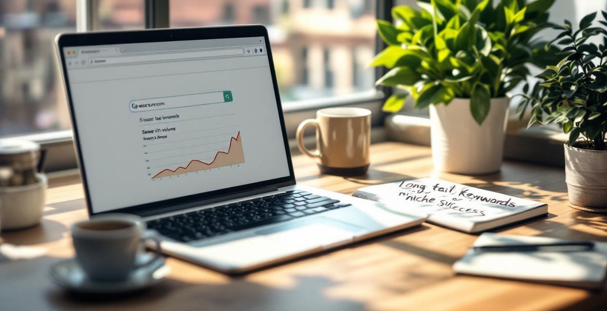 Office desk with laptop showing search graph, notebook with keyword notes, coffee, and plant.
