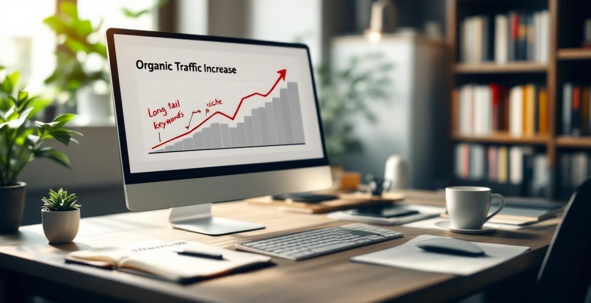 Workspace with a computer screen showing a graph of organic traffic increase and a notepad with keyword sketches.