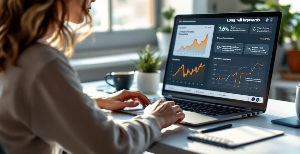 Businesswoman analyzing data on a laptop, focused on long-tail keywords, in a well-lit office.
