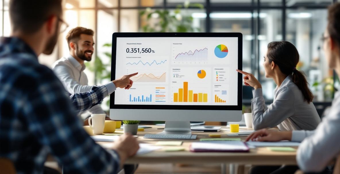 Open office with a focus on a screen showing analytics, surrounded by diverse professionals in discussion.