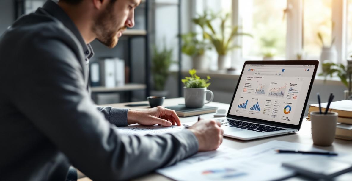 Business professional analyzing charts and documents at a desk in a bright office.