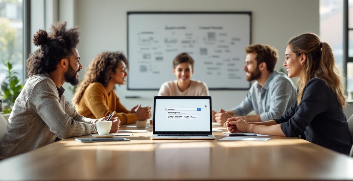 Professionals at a conference table discussing long-tail SEO strategies with a laptop showing keywords.