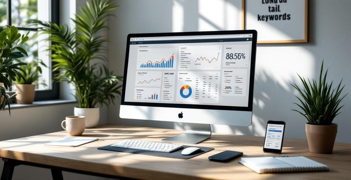Workspace with monitor displaying keyword analytics, notepad, smartphone, plant, and framed quote.