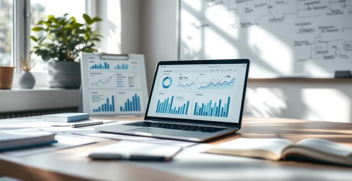 Modern office desk with laptop showing analytics dashboard, notebook, and whiteboard in background.