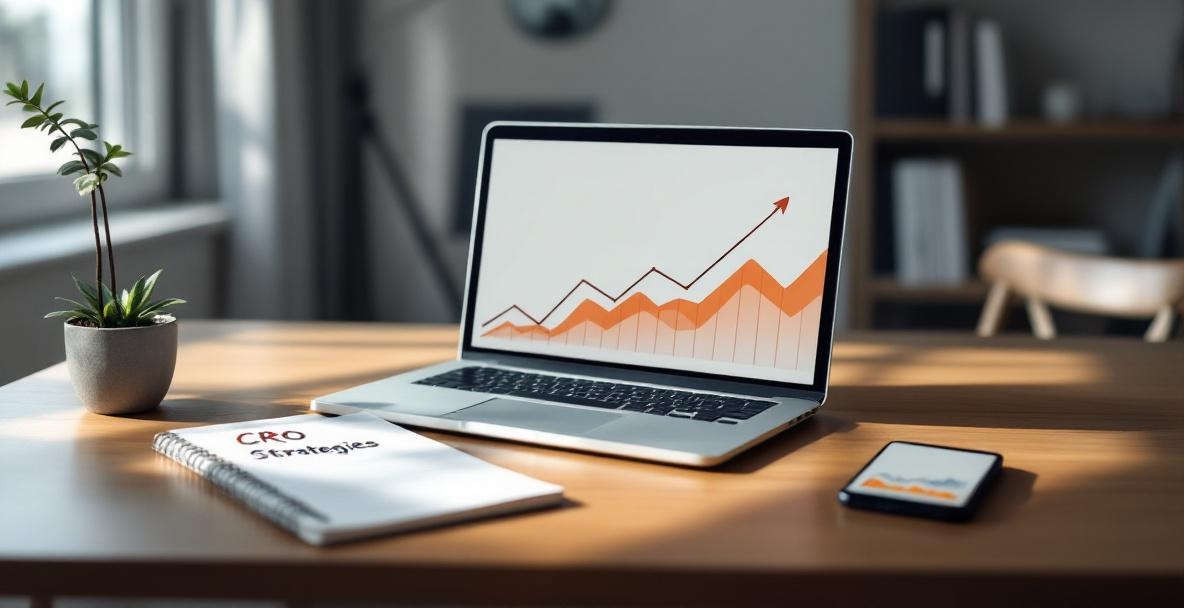 Business workspace with laptop, notepad, and smartphone for CRO strategies.