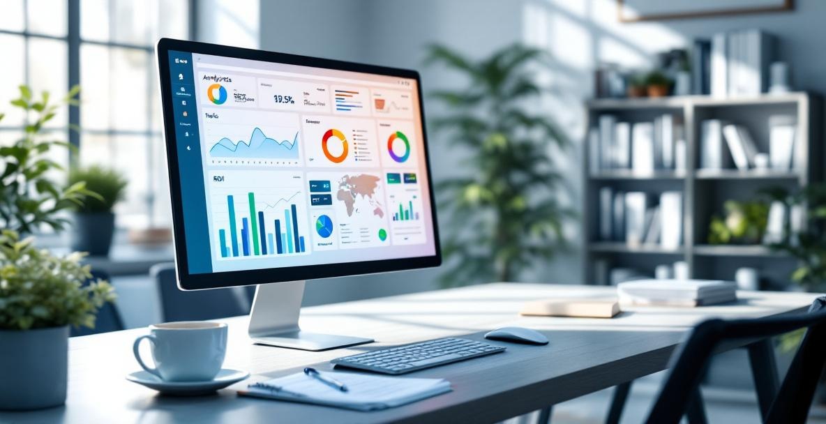 Minimalist workspace with a computer displaying an analytics dashboard, a notepad, coffee, and business books.