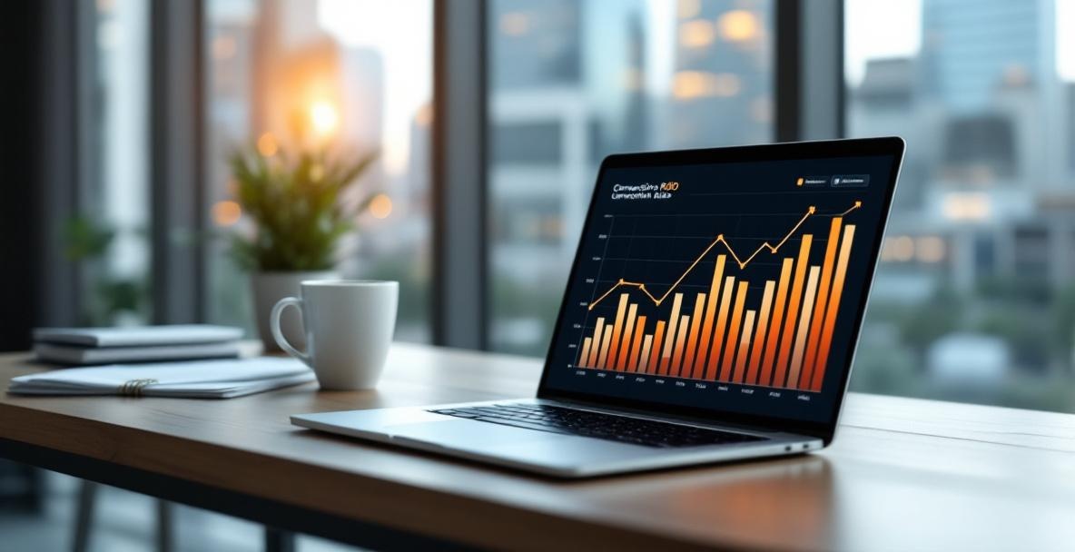 Modern office scene with laptop showing rising conversion rates graph.