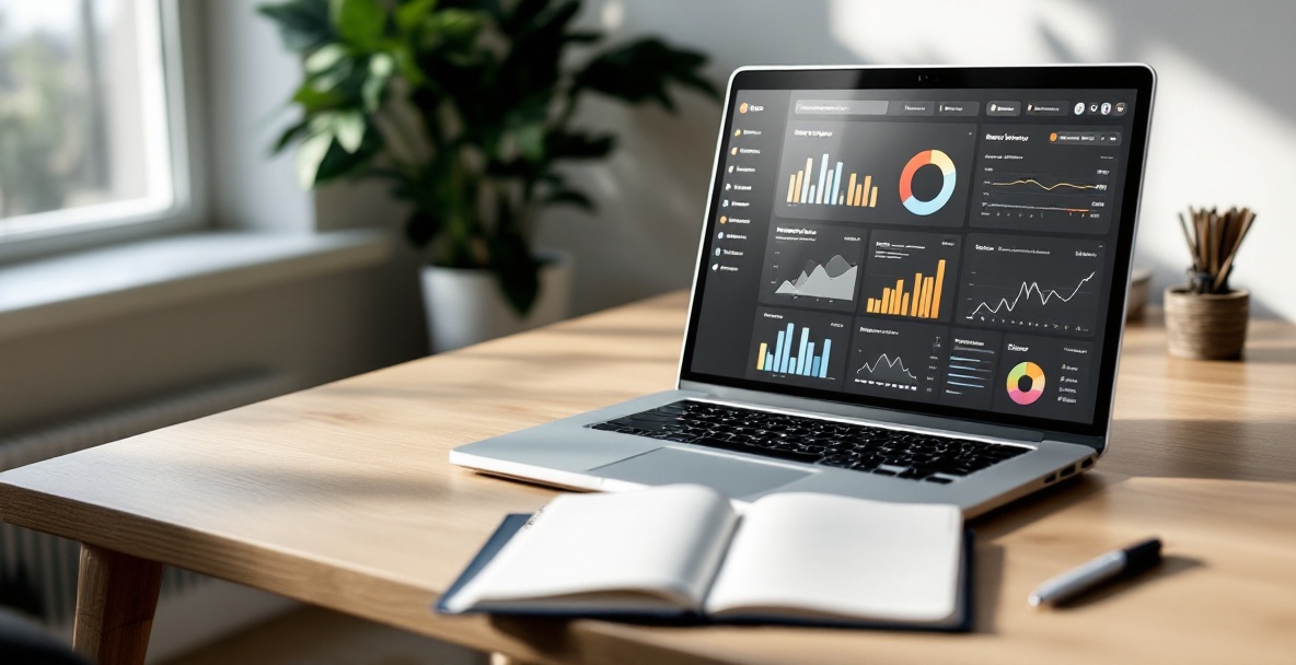 Workspace with laptop showing keyword metrics dashboard, notebook with SEO notes, and gentle natural light.