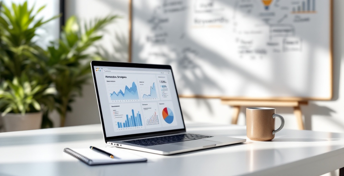Modern office workspace with laptop showing SEO graphs and whiteboard with funnel sketches.