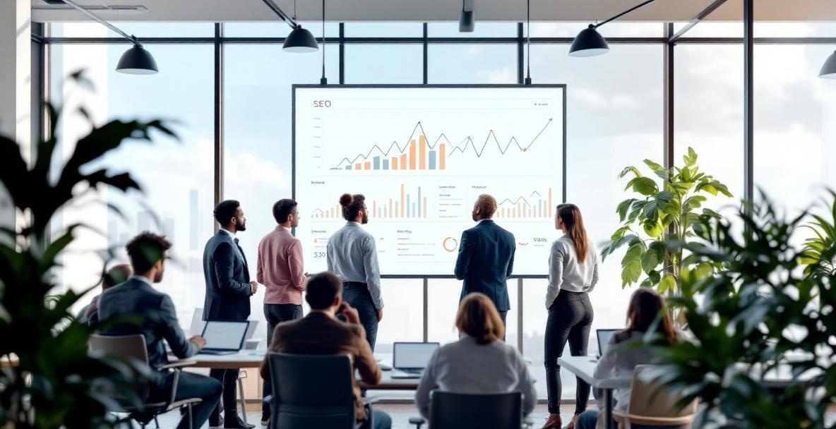 Diverse business professionals in an office analyzing digital analytics on a large screen.