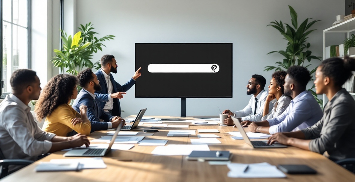Diverse team in modern office collaborating around a table with a large digital screen showing a search bar.