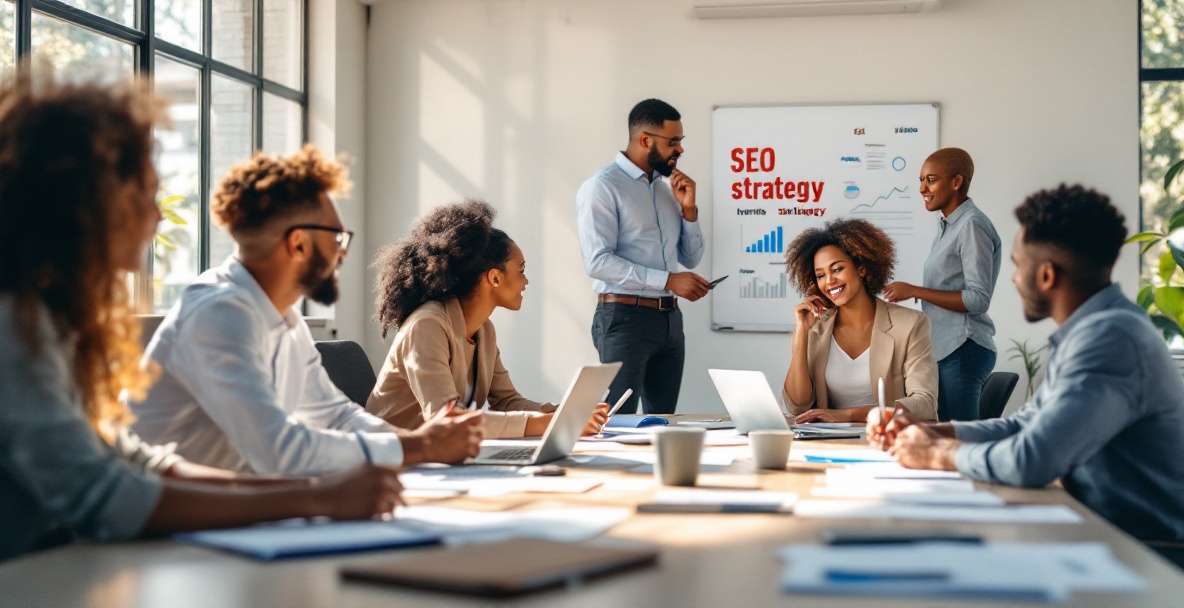 Diverse team discussing SEO strategies at a modern office.