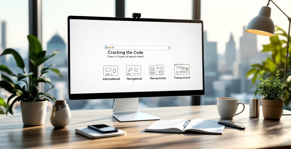 Professional workspace showcasing types of search intent on a computer screen.