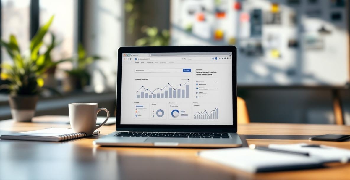 Modern office workspace with laptop showing analytics, symbolizing content alignment for search intent.