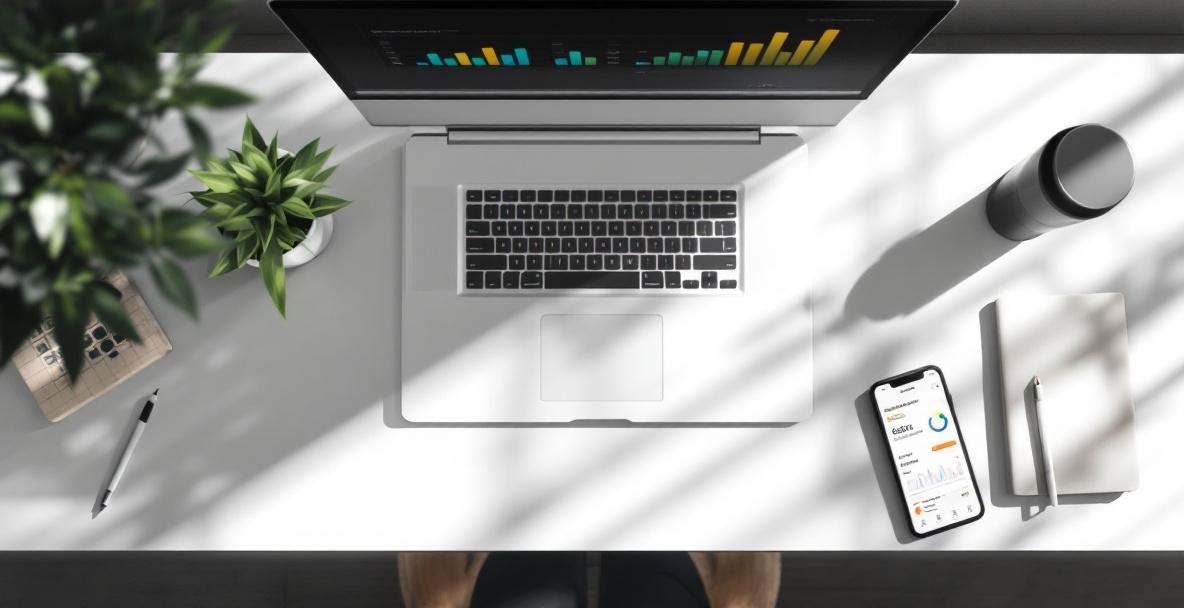 Overhead view of a modern desk with a laptop, notebook, smartphone, and plant in soft lighting.