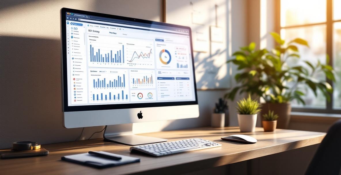 Modern office setup with a dual-monitor SEO dashboard, notepad, and plant.