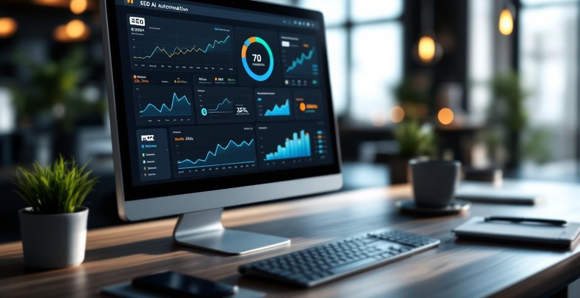 Digital workspace with SEO tools dashboard displaying graphs and charts on a monitor.