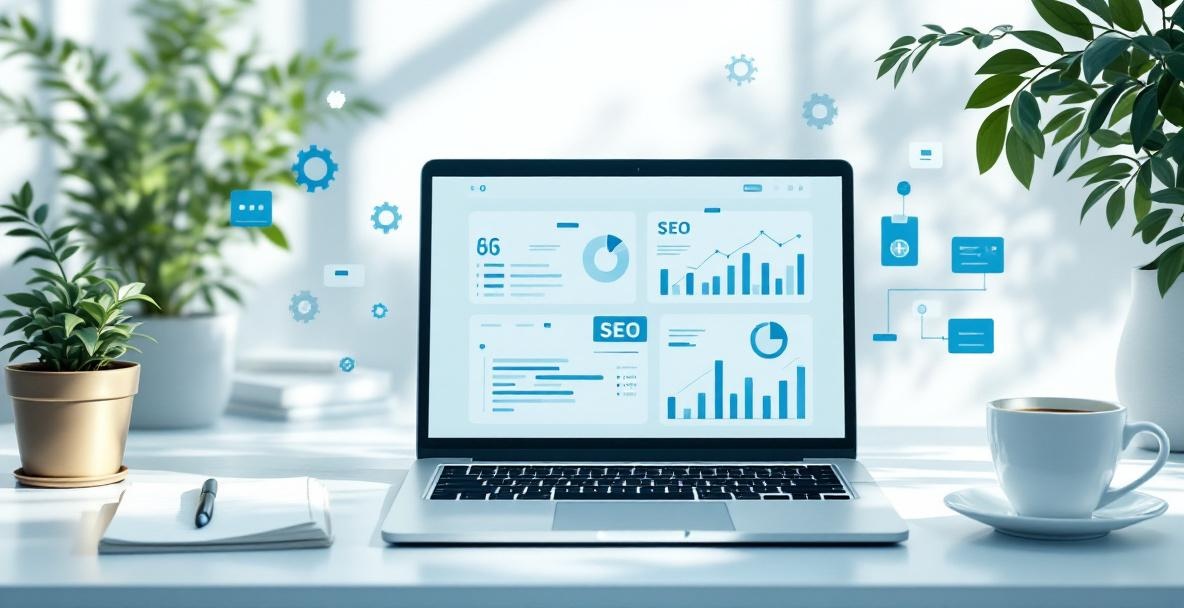Laptop with SEO dashboard and automation elements on a modern desk.