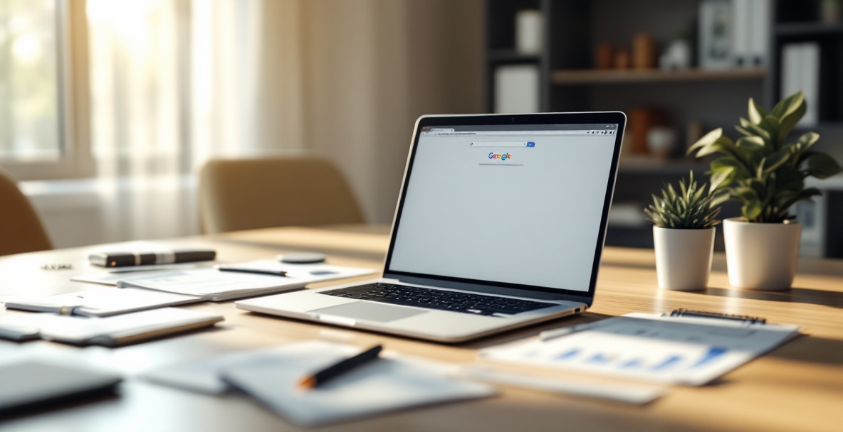Office desk with laptop showing SEO results, notepads, and a plant.