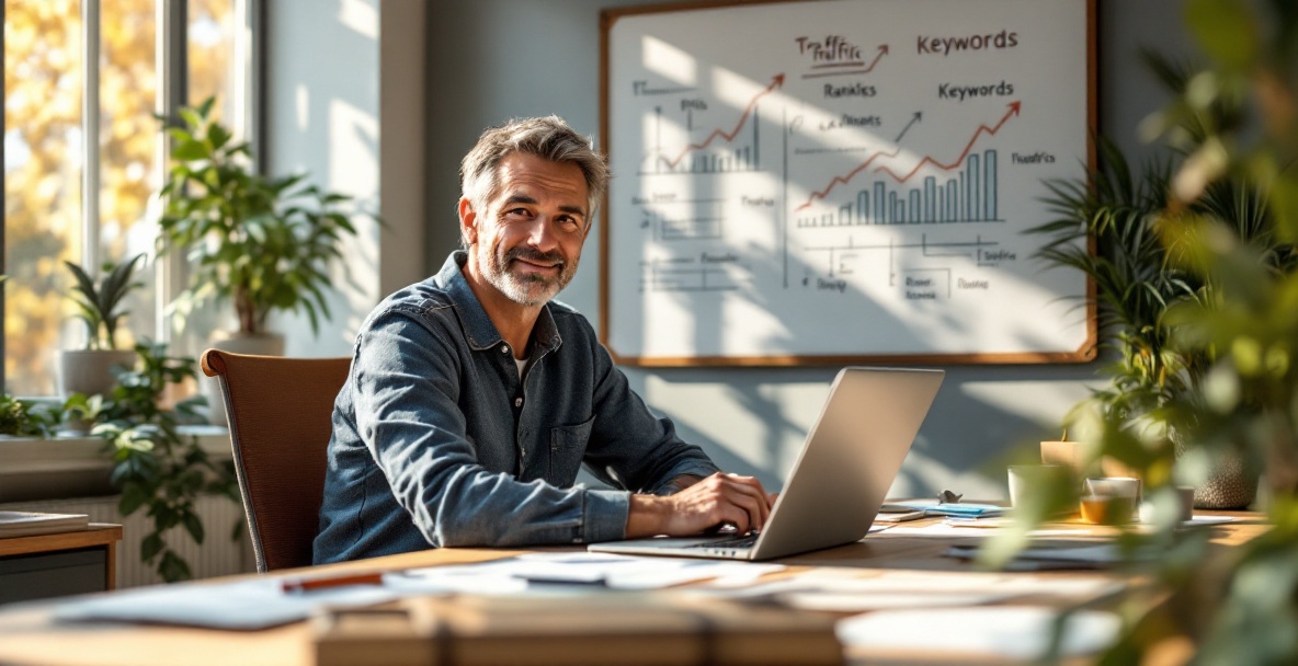 Small business owner strategizes with laptops and whiteboard in a sunlit office.