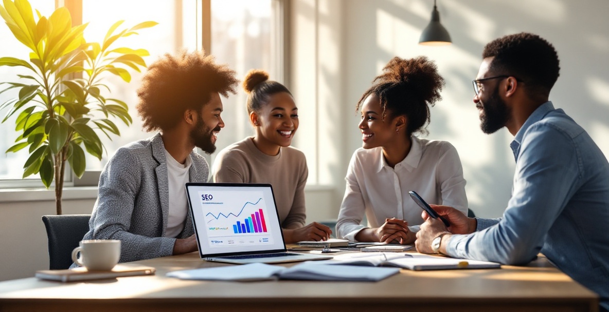 Three diverse professionals discuss SEO metrics on a laptop in a modern office.