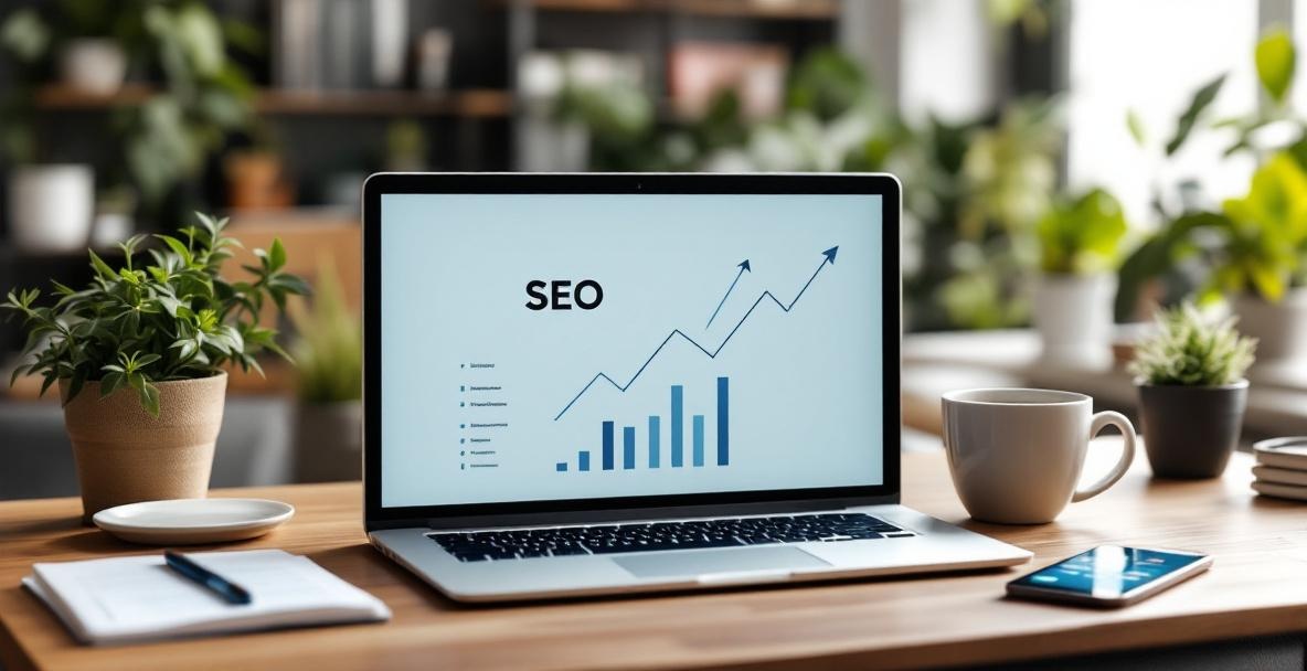 Modern workspace with a laptop showing an SEO dashboard, surrounded by office essentials.