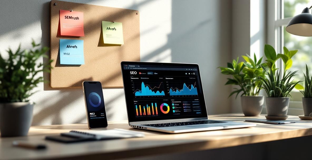 Modern workspace with laptop showing SEO analytics, corkboard with SEO tools listed, and smartphone with search app.