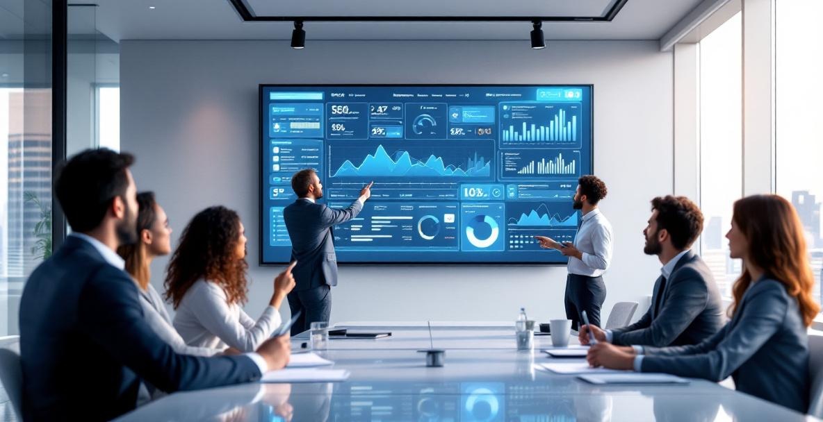 Professionals discuss SEO tools and analytics in a modern conference room.