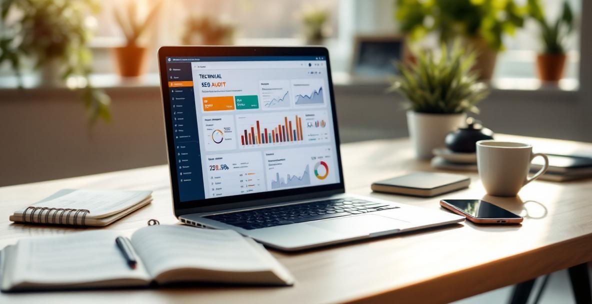 Workspace with laptop showing SEO audit tool, notebook, smartphone, and coffee by a window with plants.