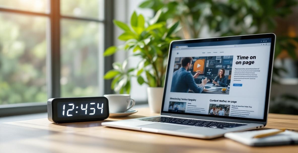 Modern workspace with laptop, digital clock, and coffee cup, symbolizing engaging content and time on page.