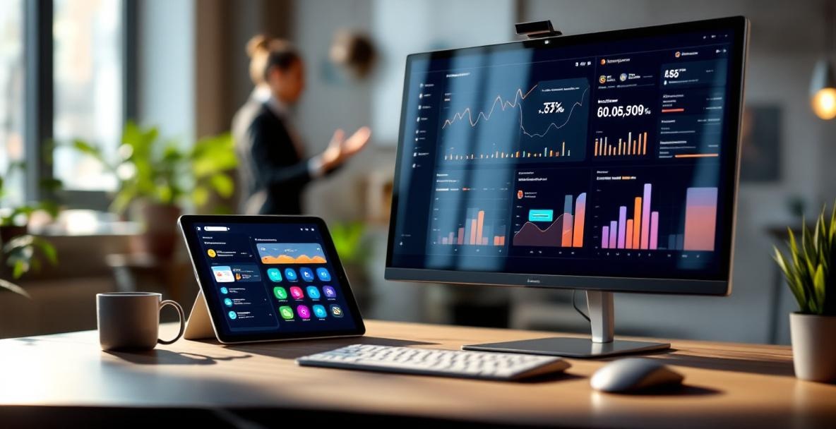 Modern workspace with monitor showing analytics dashboard and tablet with content app on a wooden desk.