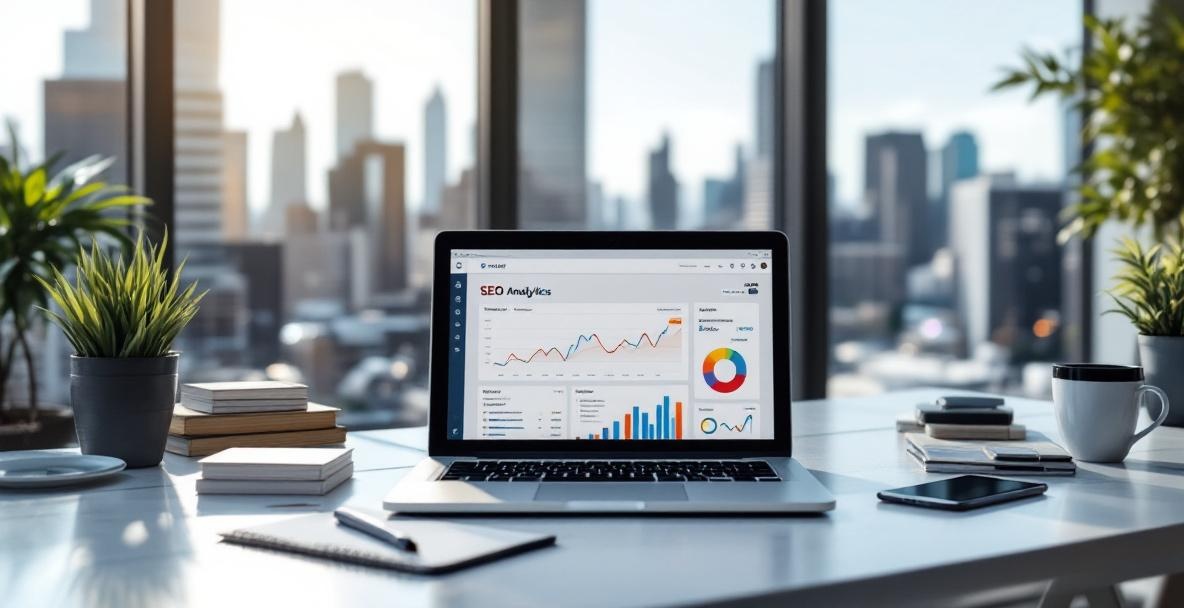 Office desk with a laptop showing analytics, SEO notepad, business cards, smartphone, and city view.