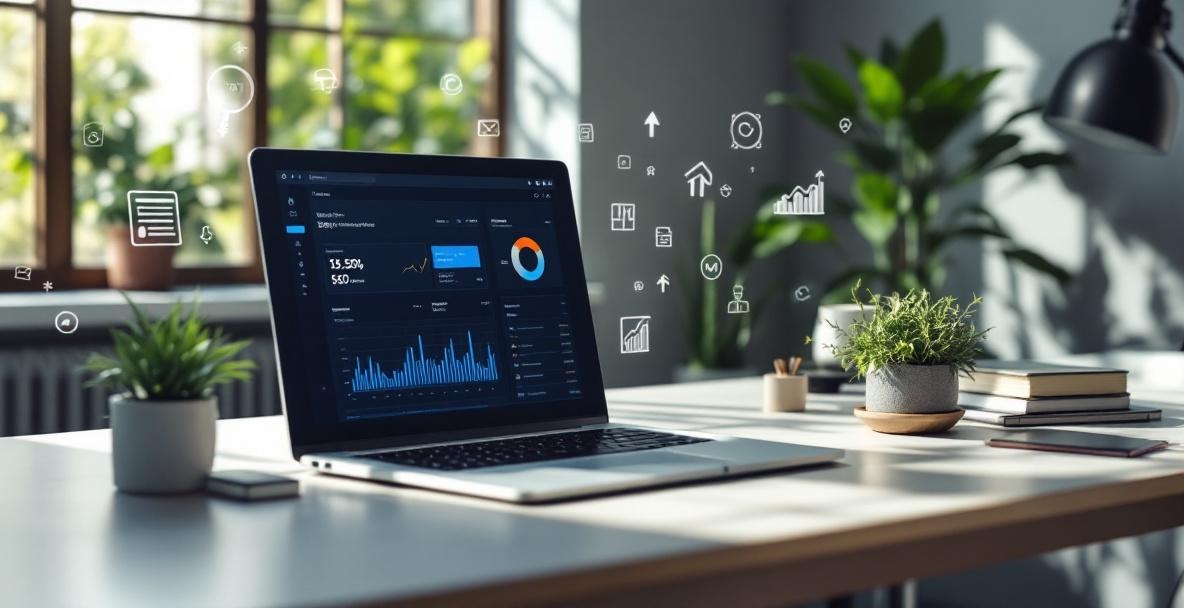 Modern laptop showing SEO analytics on a desk with plant and notebook.