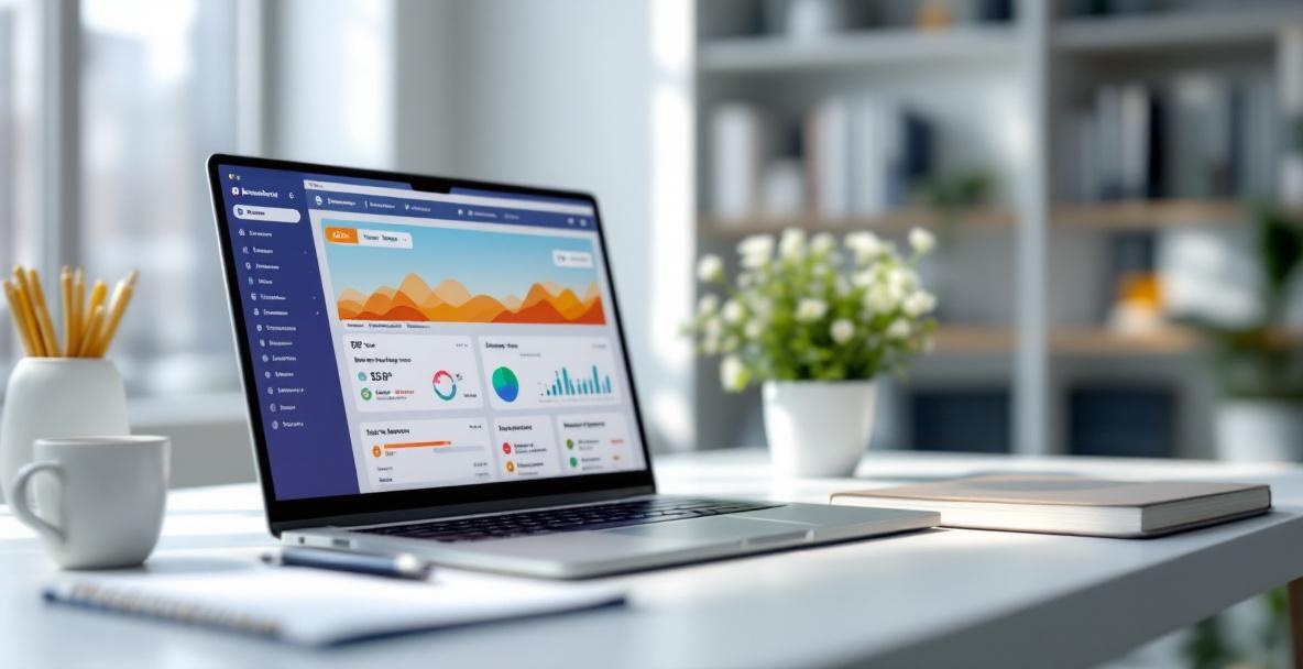 Modern office with laptop showing website builder dashboard focusing on SEO tools and analytics.