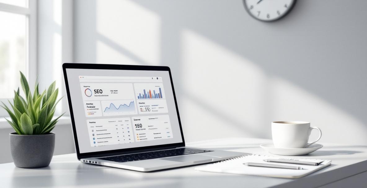 Minimalist desk setup with laptop showing SEO dashboard, notepad, coffee, and digital clock.