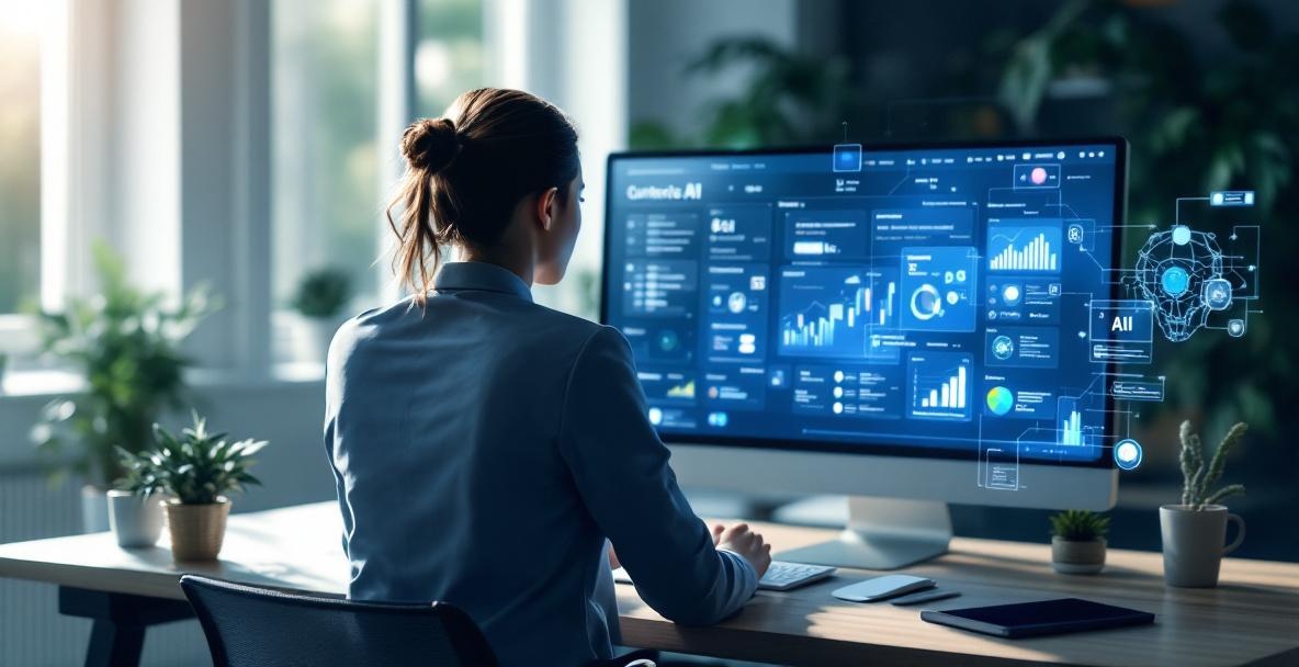 Businessperson using AI tools on a computer in a modern office, symbolizing strategic AI integration.