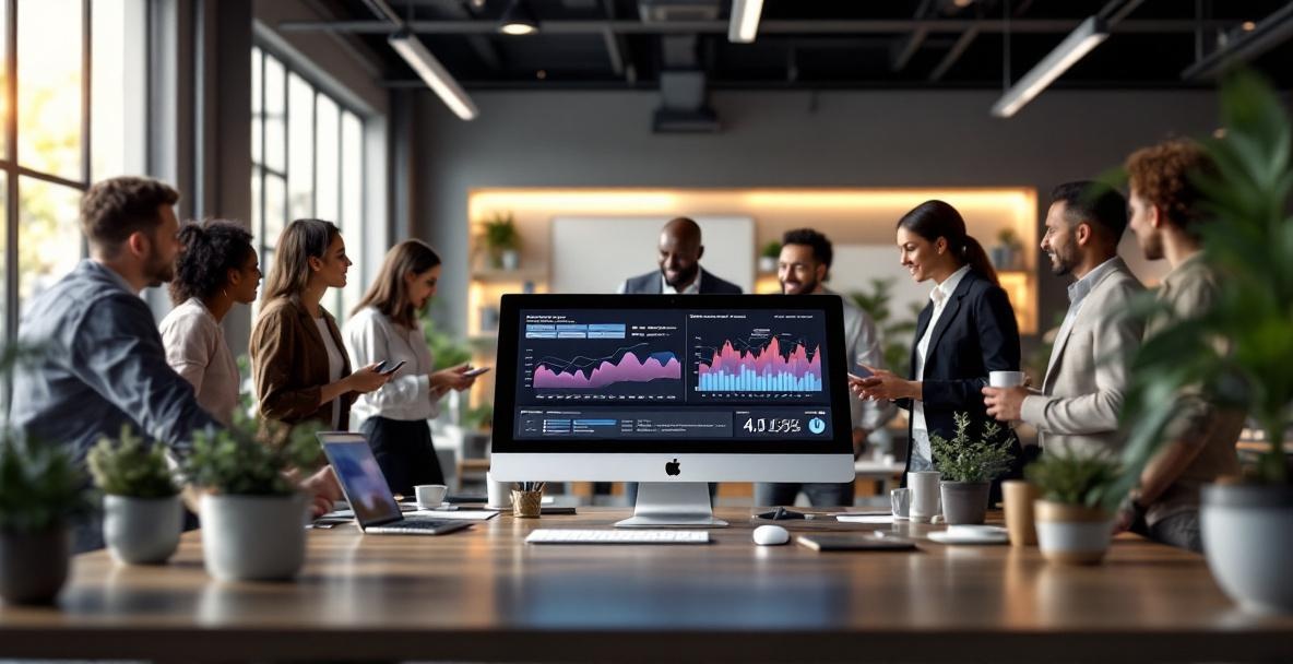 Modern office with AI technology, professionals discussing strategy by a computer showing analytics.