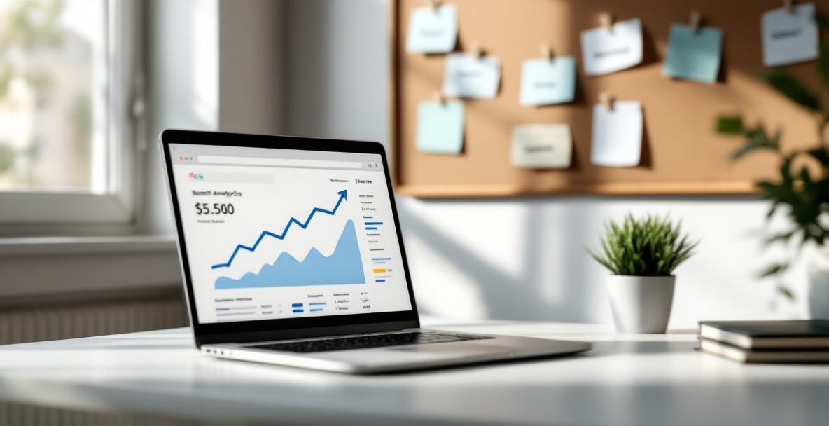Workspace with laptop showing search analytics and notes on a corkboard.