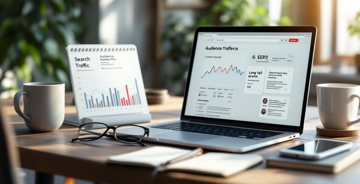 Workspace scene with laptop showing search metrics, notebook, smartphone, and coffee cup.