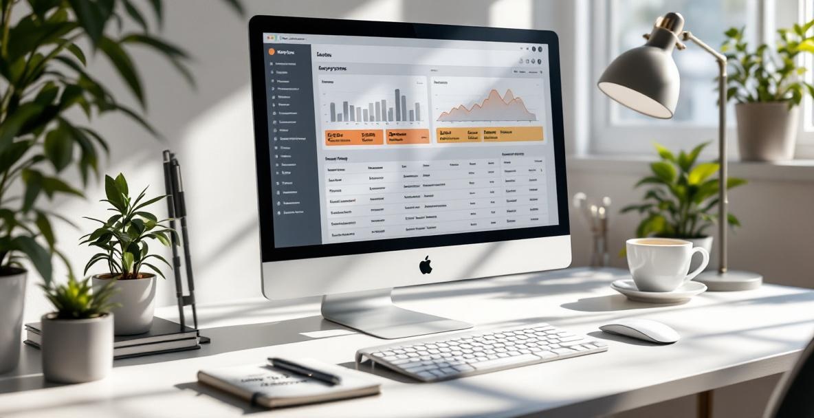 Desktop with screen showing analytics on long-tail keywords, notebook labeled 'Long-Tail Strategy,' and coffee.