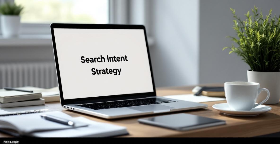 Minimalist desk with laptop, notepads, and coffee for content planning.