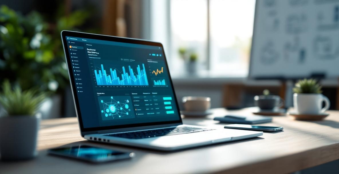 Modern office with laptop showing backlink analysis dashboard for SEO.