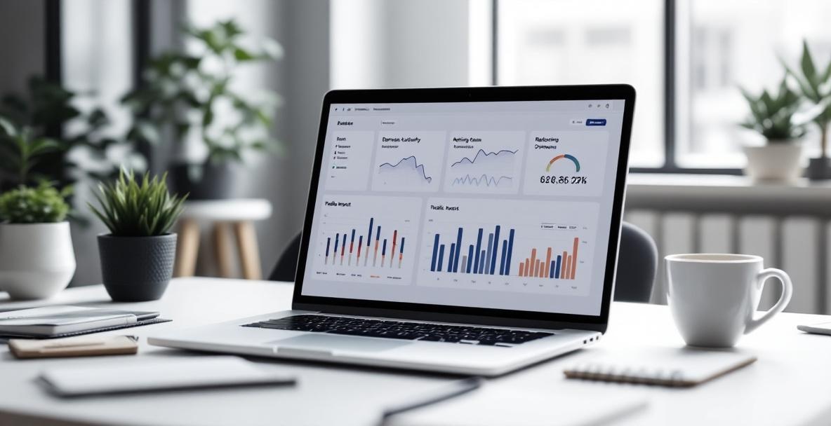 Laptop showing analytics dashboard on backlink metrics in a modern office setting.