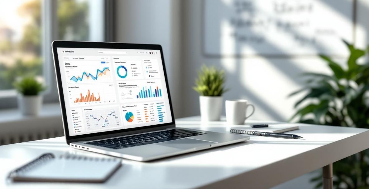 Minimalistic workspace with laptop showing backlink analysis dashboard, notebook, and whiteboard plans.
