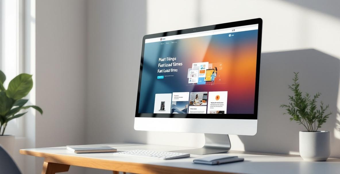 Modern computer screen showing a minimalistic website interface on a sleek desk.