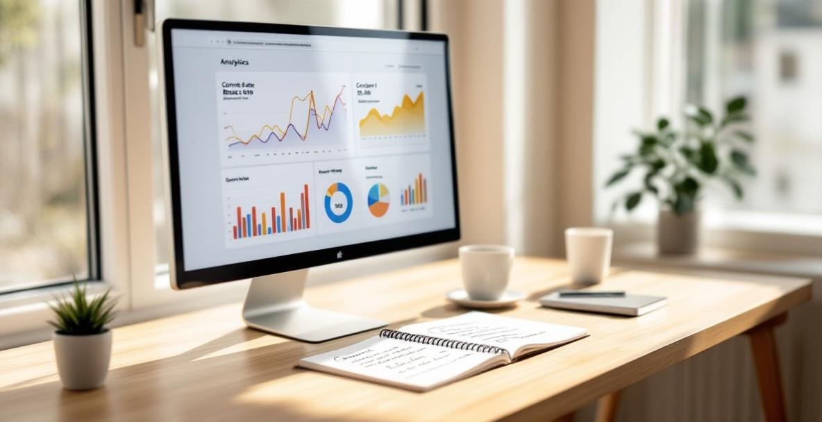 Modern workspace with a monitor showing website analytics and a notepad on a wooden desk.