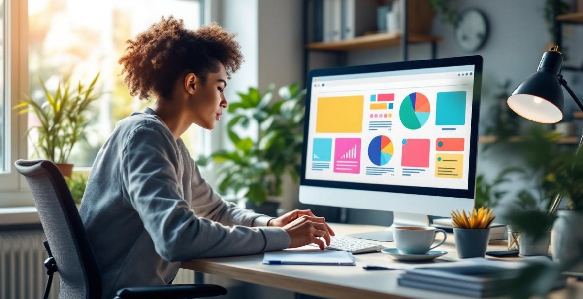 Office workspace with a person reading engaging content on a computer screen.
