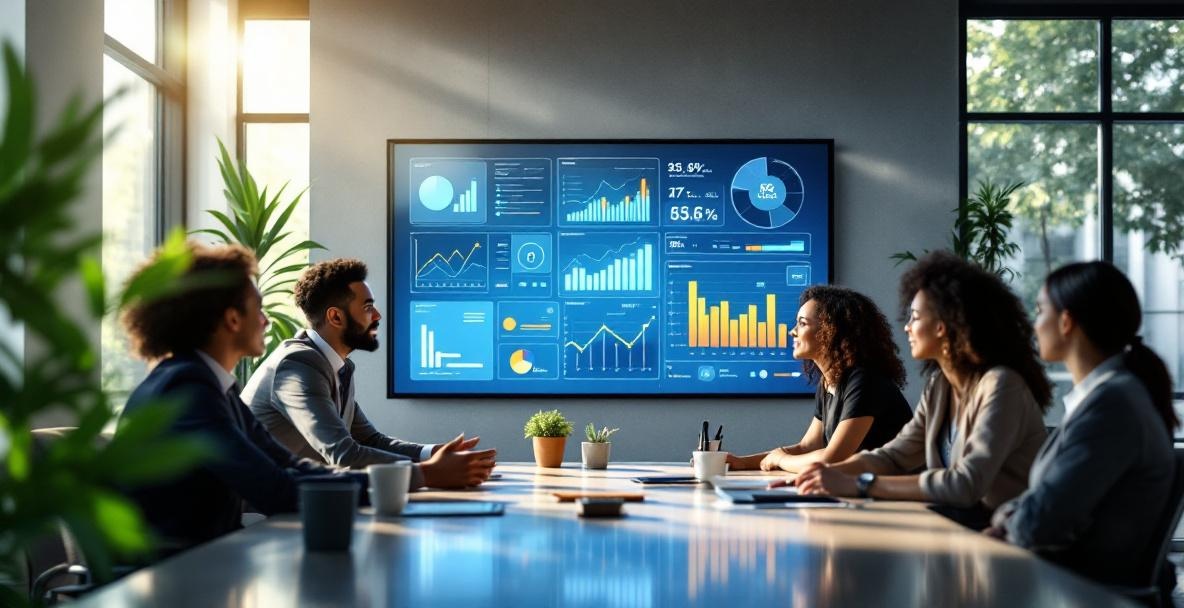 Team collaborates around digital display with analytics and statistics in modern office.
