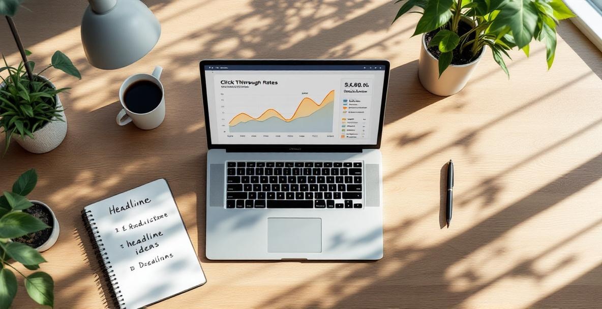 Top-down view of an office desk with a laptop showing analytics, an open notebook, and a pen on a wooden surface.